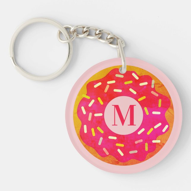Cute rosa Donut-nyckelkedja med eget namn monogram (Framsidan)