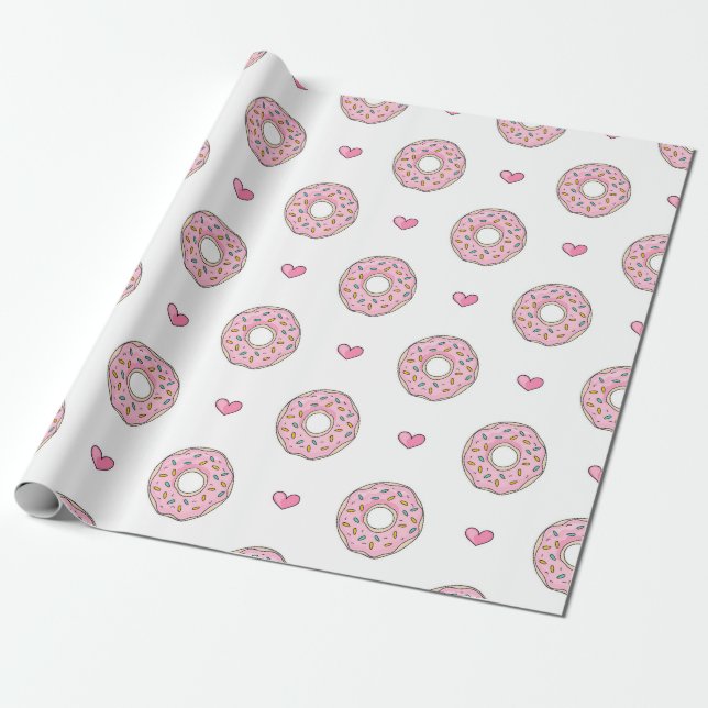 Cute Rosa Donut och Hearts Mönster Presentpapper (Utrullad)