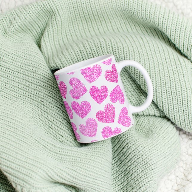 Cute Rosa Doodled Heart Valentindagen Mönster Kaffemugg (Skapare uppladdad)