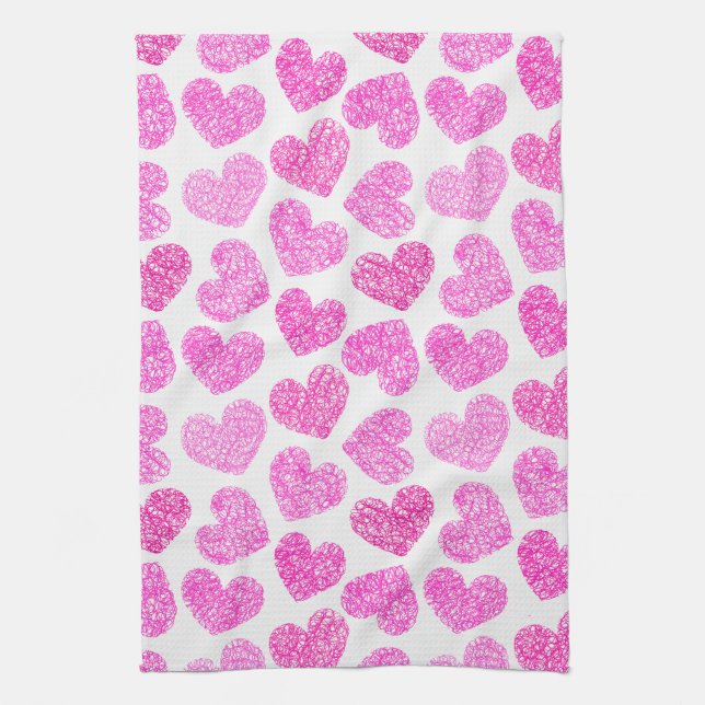 Cute Rosa Doodled Heart Valentindagen Mönster Kökshandduk (Vertikal)