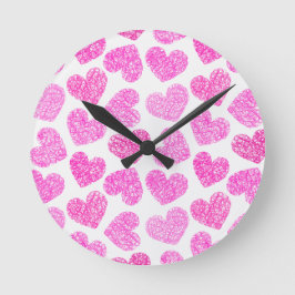 Cute Rosa Doodled Heart Valentindagen Mönster Rund Klocka