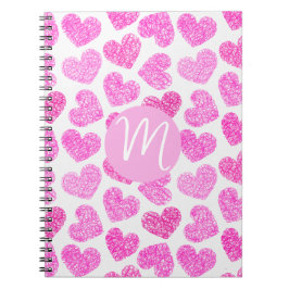 Cute Rosa Doodled Heart Valentines Day Monogram Anteckningsbok