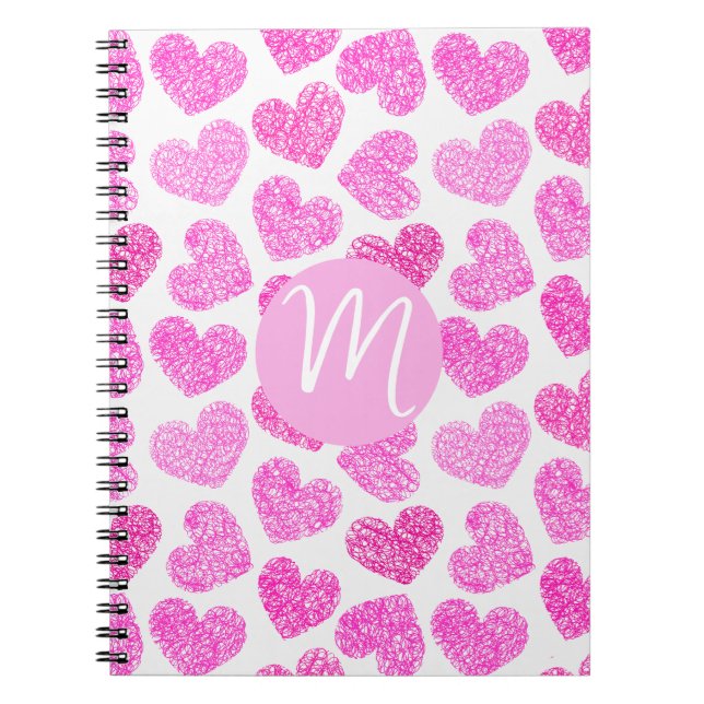 Cute Rosa Doodled Heart Valentines Day Monogram Anteckningsbok (Framsidan)