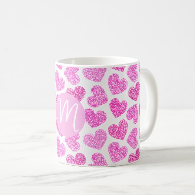 Cute Rosa Doodled Heart Valentines Day Monogram Kaffemugg (Framsida höger)