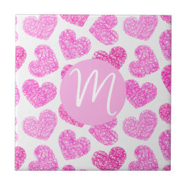 Cute Rosa Doodled Heart Valentines Day Monogram Kakelplatta