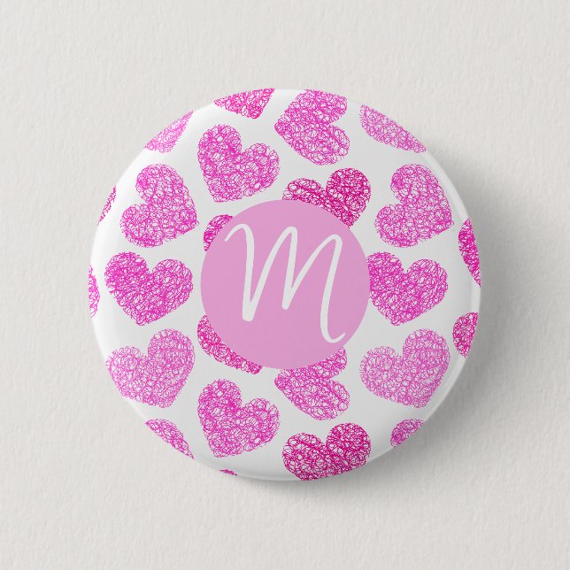 Cute Rosa Doodled Heart Valentines Day Monogram Knapp (Framsida)