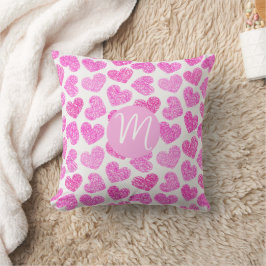 Cute Rosa Doodled Heart Valentines Day Monogram Kudde