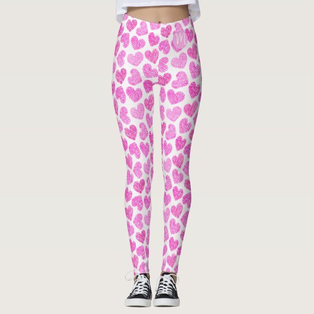 Cute Rosa Doodled Heart Valentines Day Monogram Leggings (Framsida)
