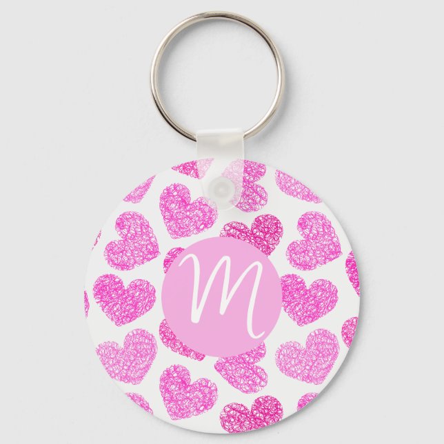 Cute Rosa Doodled Heart Valentines Day Monogram Nyckelring (Framsida)