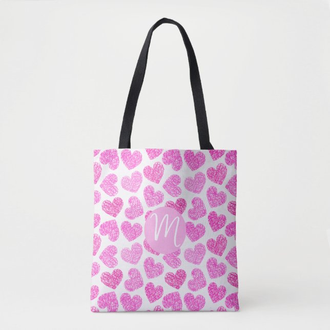 Cute Rosa Doodled Heart Valentines Day Monogram Tygkasse (Framsida)