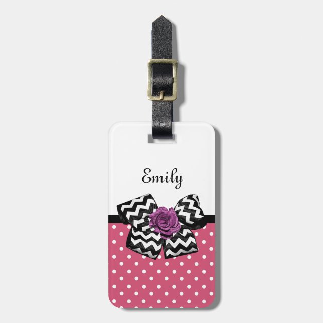 Cute Rosa Dots Lila Ro Chevron Bow och Namn Bagagebricka (Vertikal Framsida)