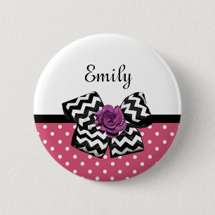 Cute Rosa Dots Lila Ro Chevron Bow och Namn Knapp
