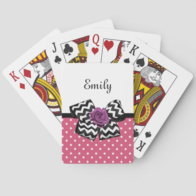 Cute Rosa Dots Lila Ro Chevron Bow och Namn Kortlek (Baksidan)