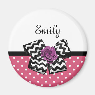 Cute Rosa Dots Lila Ro Chevron Bow och Namn Magnet