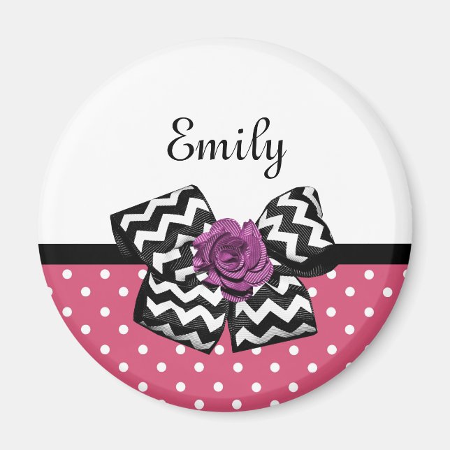 Cute Rosa Dots Lila Ro Chevron Bow och Namn Magnet (Framsidan)