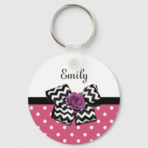 Cute Rosa Dots Lila Ro Chevron Bow och Namn Nyckelring