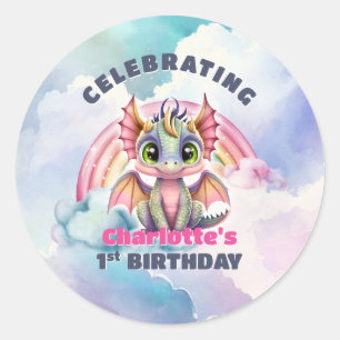 Cute Rosa Dragon 1:a födelsedag Party kuvert förse Runt Klistermärke