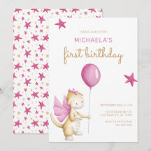 Cute Rosa Dragon Girl First Birthday