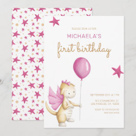 Cute Rosa Dragon Girl First Birthday Inbjudningar