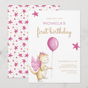 Cute Rosa Dragon Girl First Birthday Inbjudningar