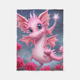 Cute Rosa Dragon med Rosa Flowers Fleecefilt