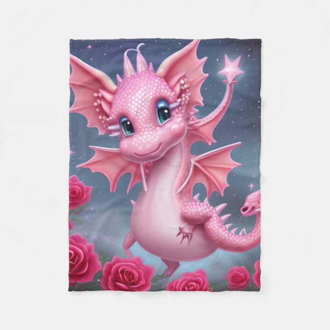 Cute Rosa Dragon med Rosa Flowers Fleecefilt (Framsidan)