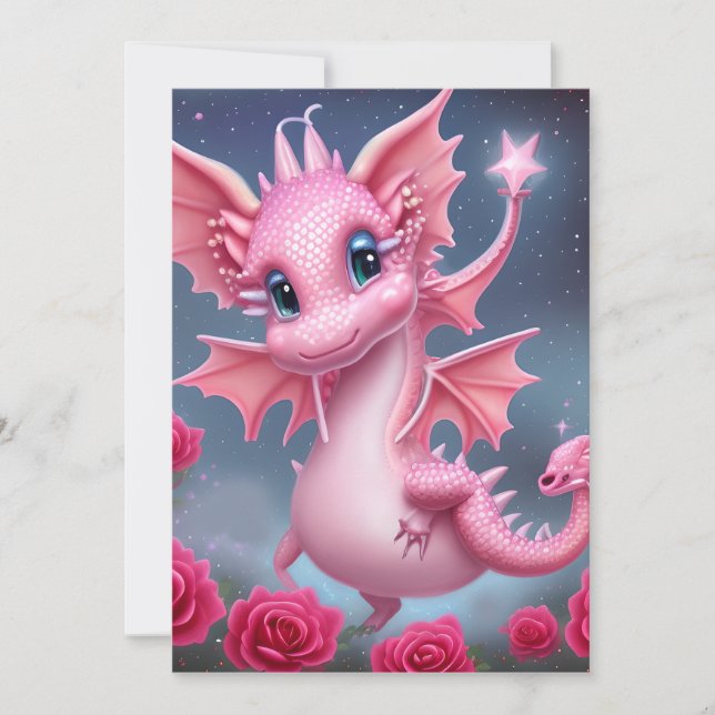 Cute Rosa Dragon med Rosa Flowers Julkort (Framsida)
