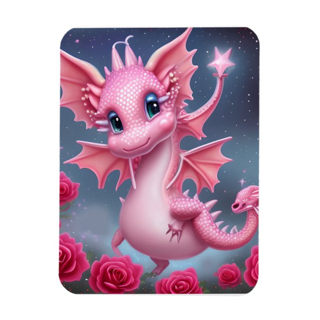 Cute Rosa Dragon med Rosa Flowers Magnet (Vertikal)
