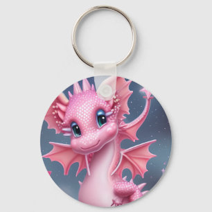 Cute Rosa Dragon med Rosa Flowers Nyckelring