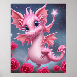 Cute Rosa Dragon med Rosa Flowers Poster