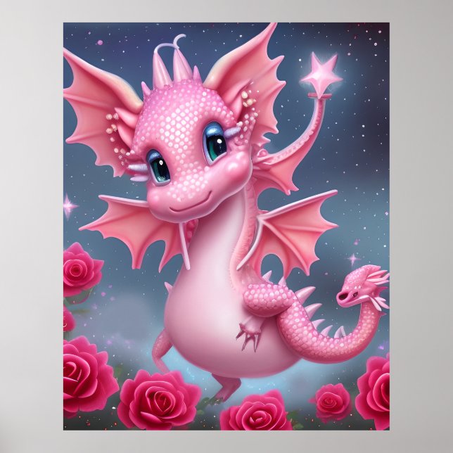 Cute Rosa Dragon med Rosa Flowers Poster (Framsidan)