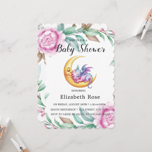 Cute Rosa Dragon och Peony Girl Baby Shower Inbjudningar (Fram/Back In Situ)