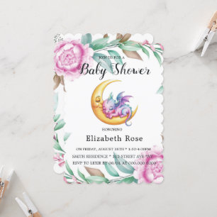 Cute Rosa Dragon och Peony Girl Baby Shower Inbjudningar