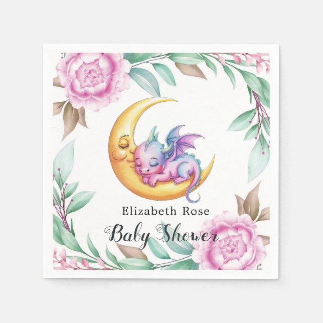 Cute Rosa Dragon och Peony Girl Baby Shower Pappersservett (Framsidan)