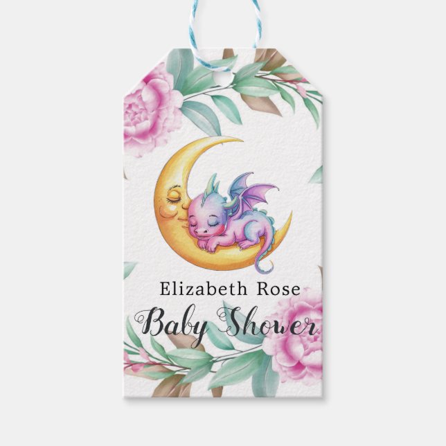 Cute Rosa Dragon och Peony Girl Baby Shower Presentetikett (Framsidan)