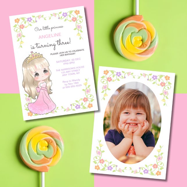 Cute Rosa Dress Princess Blommigt Photo Birthday Inbjudningar (Skapare uppladdad)