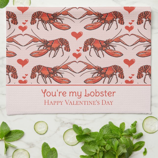 Cute Rosa Du är min Lobster Valentindag Kökshandduk (Vikta)