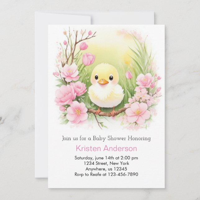 Cute Rosa Duckling Meadow Girl Baby Shower Inbjudningar (Framsida)