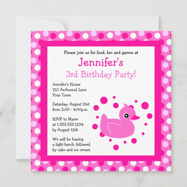 Cute Rosa Ducky med Polka dots Birthday Inbjudan (Framsida)