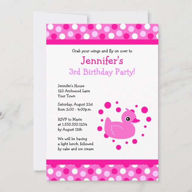 Cute Rosa Ducky med Polka dots Birthday Inbjudan (Framsida)