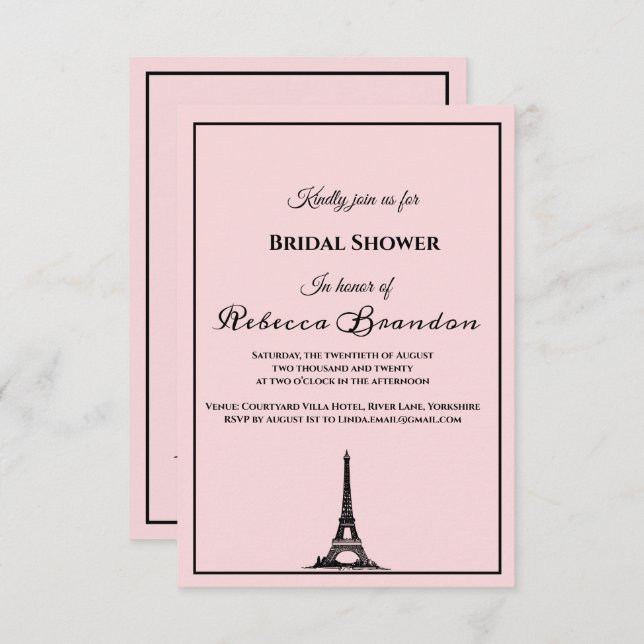Cute Rosa Eiffel Torn Paris Möhippa Inbjudningar (Fram/baksida)