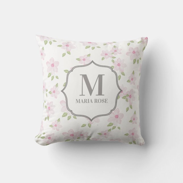 Cute Rosa Elegant Enkel Blommigt Monogram Kudde (Framsida)