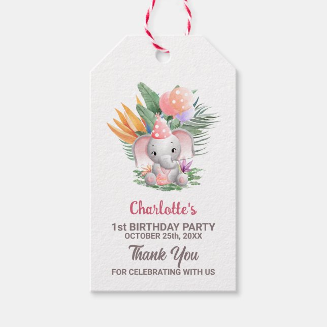 Cute Rosa Elephant 1st Birthday Tack Presentetikett (Framsidan)