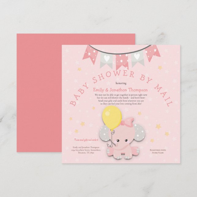 Cute Rosa Elephant Baby Shower by Mail Inbjudningar (Fram/baksida)