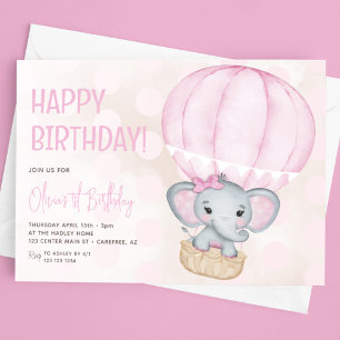 Cute Rosa Elephant Balloon 1:a födelsedagen Inbjudningar