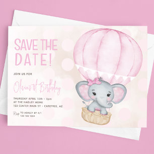 Cute Rosa Elephant Balloon 1:a födelsedagen Spara Datumet