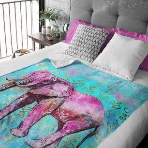 Cute Rosa Elephant Blue Watercolor Personlig Fleecefilt