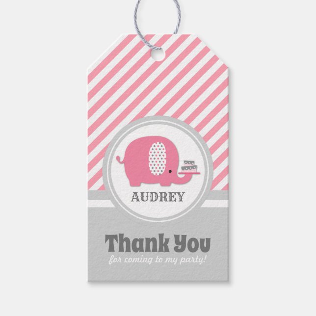 Cute Rosa Elephant First Birthday Presentetikett (Framsidan)