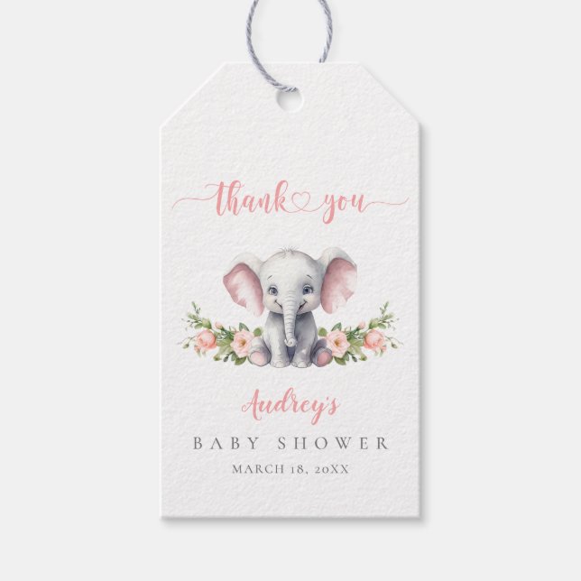 Cute Rosa Elephant Flicka Shower Tack Presentetikett (Framsidan)