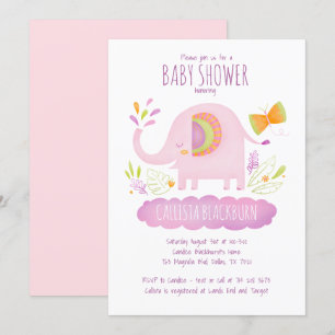 Cute Rosa Elephant Girl Baby Shower Inbjudningar